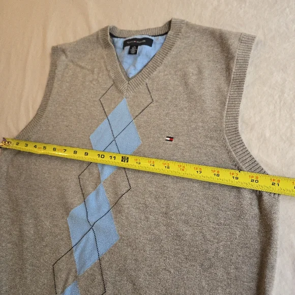 Tommy Hilfiger Men's Argyle Sweater Vest Grey with Light Blue 100% Cotton - Picture 6 of 8